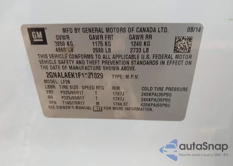 2015 Chevrolet Equinox Ls z USA, uszkodzony, nr VIN 2GNALAEK1F1101029